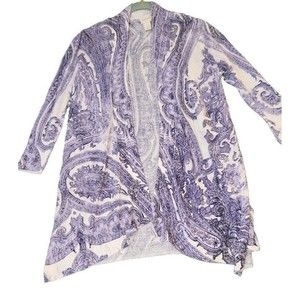 Chico's‎ Open Front Long Cardigan Sz 0 (US S) Linen Blend Paisley Purple Sweater